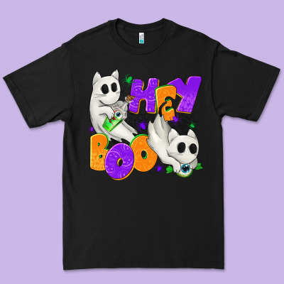 Hey Boo With Ghost Cats Premium Tee Designed By Texasbilliewilder