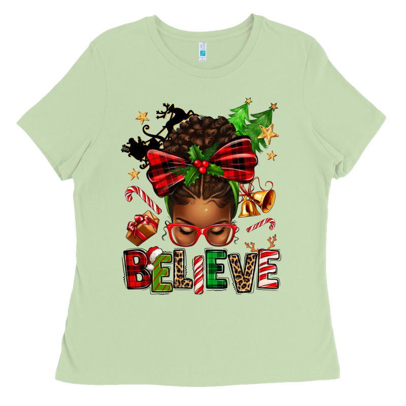 Christmas Believe Afro Messy Bun Ladies Tee by texasbilliewilder | Teevron
