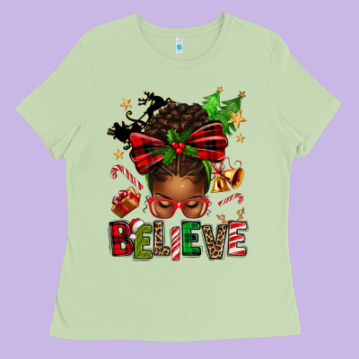 Christmas Believe Afro Messy Bun Ladies Tee Designed By Texasbilliewilder