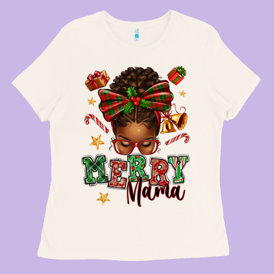 Merry Mama Afro Messy Bun Ladies Tee Designed By Texasbilliewilder