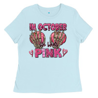 Baby Blue in october we wear pink skeleton Ladies Tee - texasbilliewilder