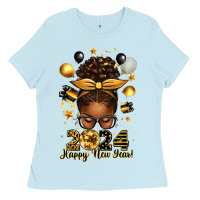 Baby Blue 2024 happy new year  afro messy bun Ladies Tee - texasbilliewilder