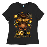 Black 2024 happy new year  afro messy bun Ladies Tee - texasbilliewilder