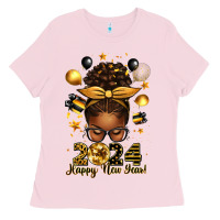 Bubblegum Pink 2024 happy new year  afro messy bun Ladies Tee - texasbilliewilder