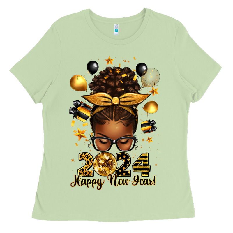 2024 Happy New Year  Afro Messy Bun Ladies Tee by texasbilliewilder | Teevron