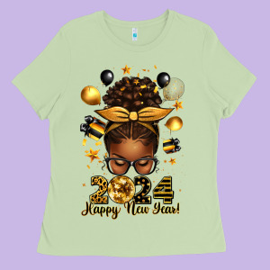 2024 Happy New Year  Afro Messy Bun Ladies Tee Designed By Texasbilliewilder