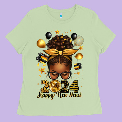 2024 Happy New Year  Afro Messy Bun Ladies Tee Designed By Texasbilliewilder