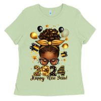 Matcha 2024 happy new year  afro messy bun Ladies Tee - texasbilliewilder