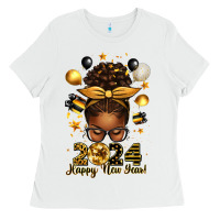 White 2024 happy new year  afro messy bun Ladies Tee - texasbilliewilder