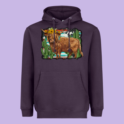 Western Cactus Highland Cow Heavyweight Hoodie Designed By Barkaloodesign