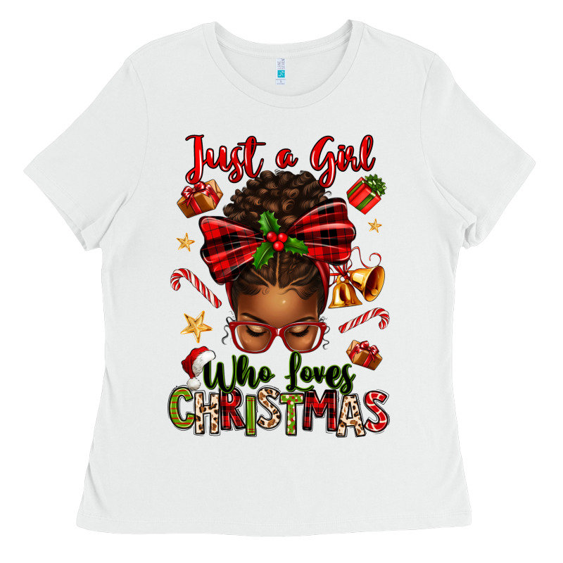 Just A Girl Who Loves Christmas Afro Messy Bun Ladies Tee by texasbilliewilder | Teevron