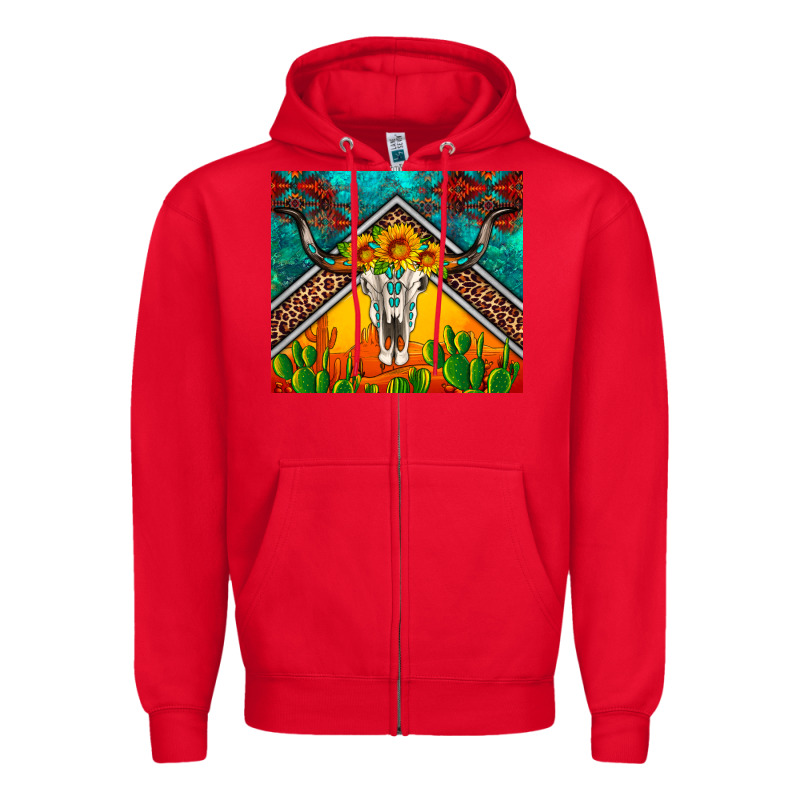 Western Sunflowers Longhorn Bull Skull Zipper Hoodie by Artiststas | Teevron