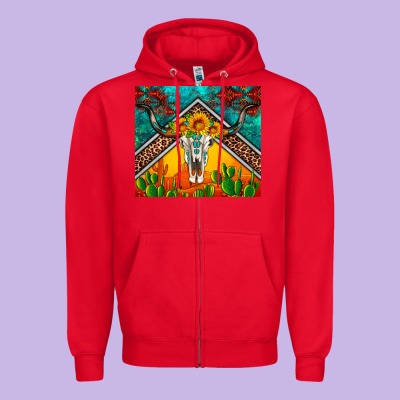 Western Sunflowers Longhorn Bull Skull Zipper Hoodie Designed By Artiststas