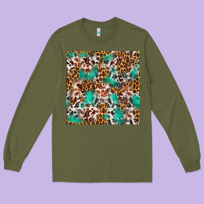 Western Turquoise Glitter Cowhide Leopard Seamless Long Sleeve Tee Designed By Fadigitalartstudio