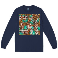 Navy Western Turquoise Glitter Cowhide Leopard Seamless Long Sleeve Tee - FaDigitalArtStudio
