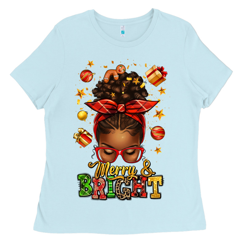 Merry And Bright Christmas Afro Messy Bun Ladies Tee by texasbilliewilder | Teevron