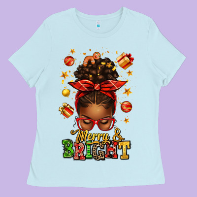 Merry And Bright Christmas Afro Messy Bun Ladies Tee Designed By Texasbilliewilder