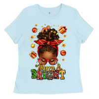 Baby Blue merry and bright christmas afro messy bun Ladies Tee - texasbilliewilder