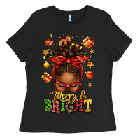 Black merry and bright christmas afro messy bun Ladies Tee - texasbilliewilder