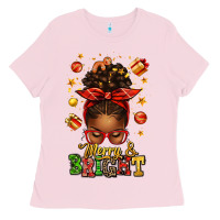 Bubblegum Pink merry and bright christmas afro messy bun Ladies Tee - texasbilliewilder