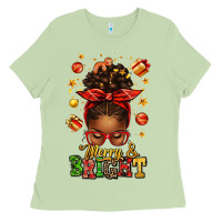 Matcha merry and bright christmas afro messy bun Ladies Tee - texasbilliewilder