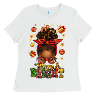 White merry and bright christmas afro messy bun Ladies Tee - texasbilliewilder