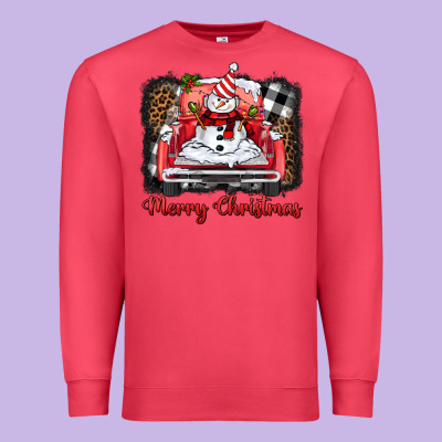 Merry Christmas Truck Snowman Premium Sweatshirt Designed By Barkaloodesign
