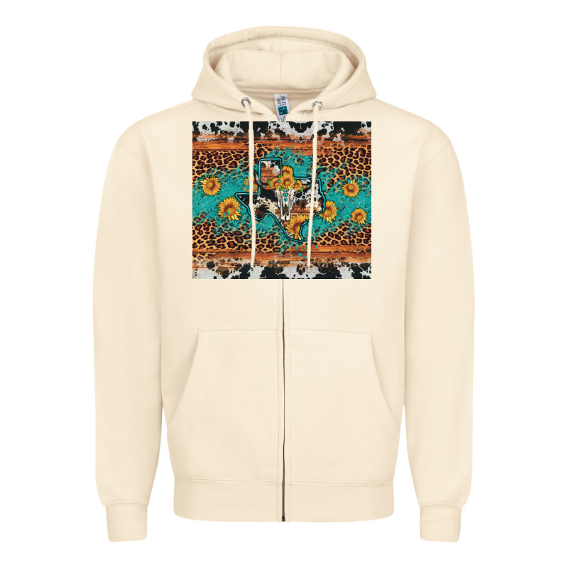 Bull Skull Texas Map Sunflower Leopard Cowhide Zipper Hoodie by Artiststas | Teevron