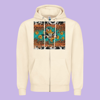 Bull Skull Texas Map Sunflower Leopard Cowhide Zipper Hoodie Designed By Artiststas