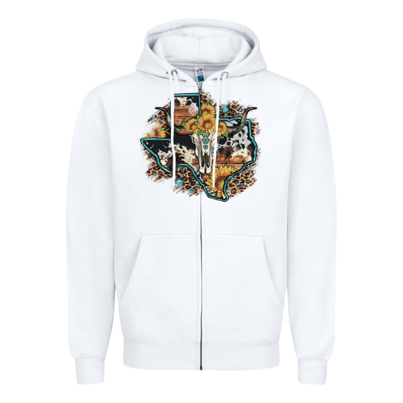 Bull Skull Leopard Cowhide Sunflower Texas Map Zipper Hoodie by Artiststas | Teevron