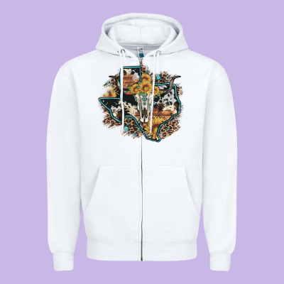 Bull Skull Leopard Cowhide Sunflower Texas Map Zipper Hoodie Designed By Artiststas