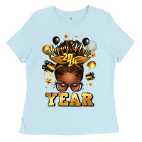 Baby Blue happy new year afro messy bun Ladies Tee - texasbilliewilder