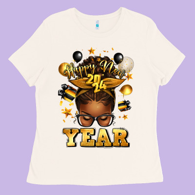 Happy New Year Afro Messy Bun Ladies Tee Designed By Texasbilliewilder