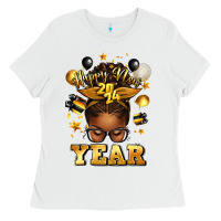 White happy new year afro messy bun Ladies Tee - texasbilliewilder