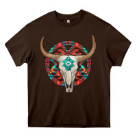 Chocolate Brown turquoise aztec bullskull Heavy Core Tee - JahusDesignShop