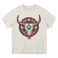 Cream turquoise aztec bullskull Heavy Core Tee - JahusDesignShop