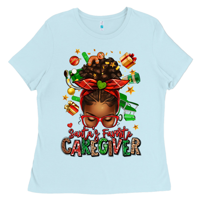 Santas Favorite Caregiver Afro Messy Bun Ladies Tee by texasbilliewilder | Teevron