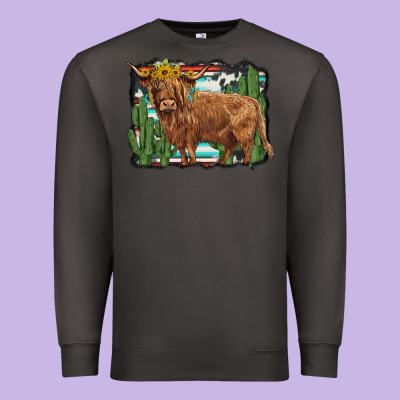 Western Cactus Highland Cow Premium Sweatshirt Designed By Barkaloodesign