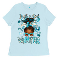 Baby Blue just a girl who loves winter afro messy bun Ladies Tee - texasbilliewilder
