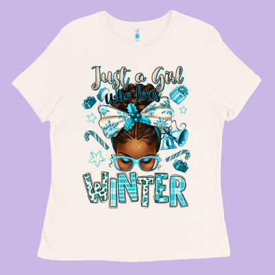Just A Girl Who Loves Winter Afro Messy Bun Ladies Tee Designed By Texasbilliewilder