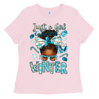Bubblegum Pink just a girl who loves winter afro messy bun Ladies Tee - texasbilliewilder