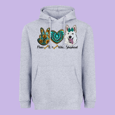 Peace Love White Sepherd Heavyweight Hoodie Designed By Barkaloodesign