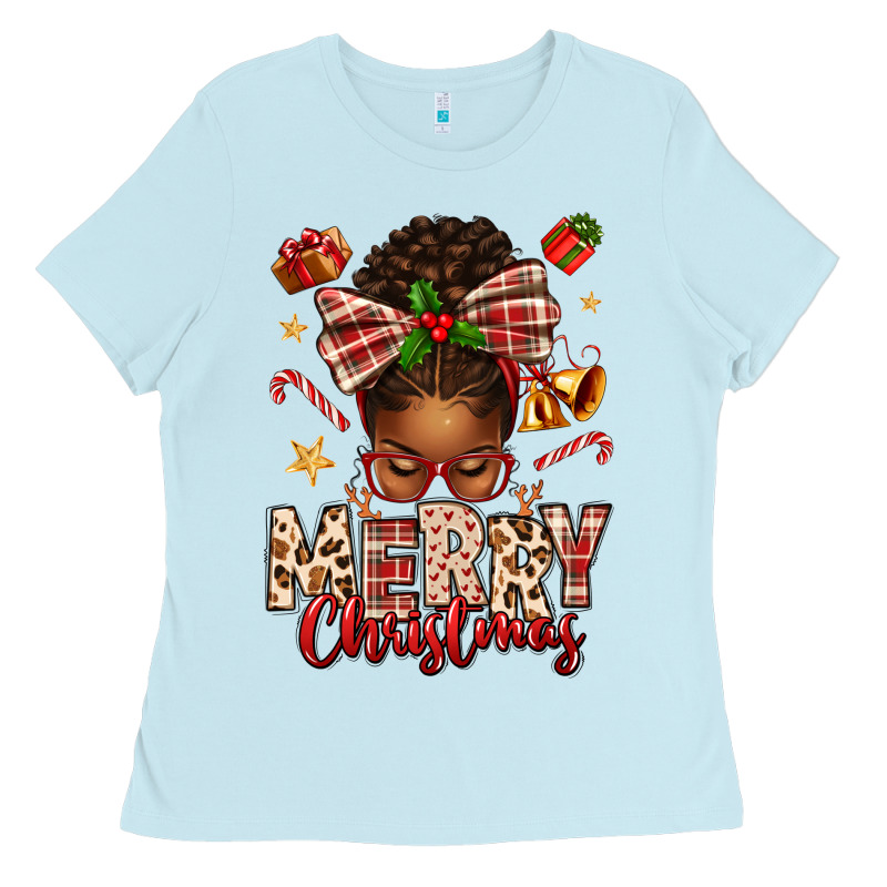 Merry Christmas Afro Messy Bun Ladies Tee by texasbilliewilder | Teevron