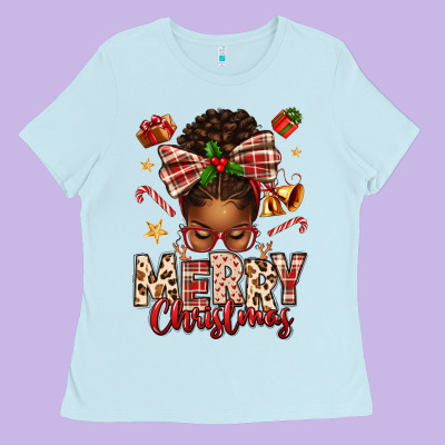 Merry Christmas Afro Messy Bun Ladies Tee Designed By Texasbilliewilder