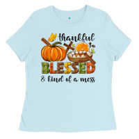 Baby Blue Thankful blessed and kind of a mess Ladies Tee - NancyCooperArtShop