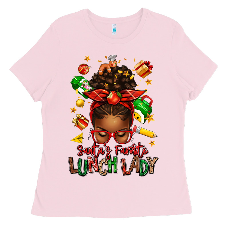 Santas Favorite Lunch Lady Afro Messy Bun Ladies Tee by texasbilliewilder | Teevron