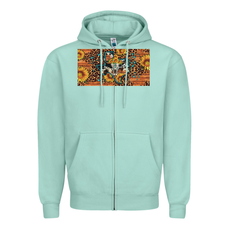 Texas Map Bull Skull Sunflower Leopard Licence Plate Zipper Hoodie by Artiststas | Teevron