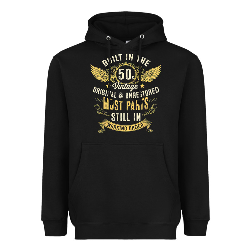Mens Vintage 1950s Built In The 50s Fifties Funny 70th Birthday Heavyweight Hoodie by longCreatives | Teevron