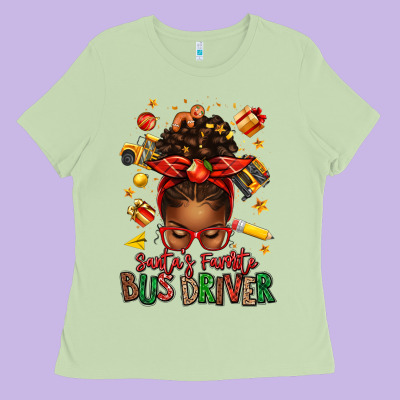Santas Favorite School Bus Driver Afro Messy Bun Ladies Tee Designed By Texasbilliewilder