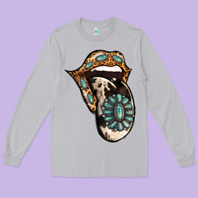 Turquoise Gemstone Leopard Cowhide Tongue Long Sleeve Tee Designed By Jasminsmagicworld